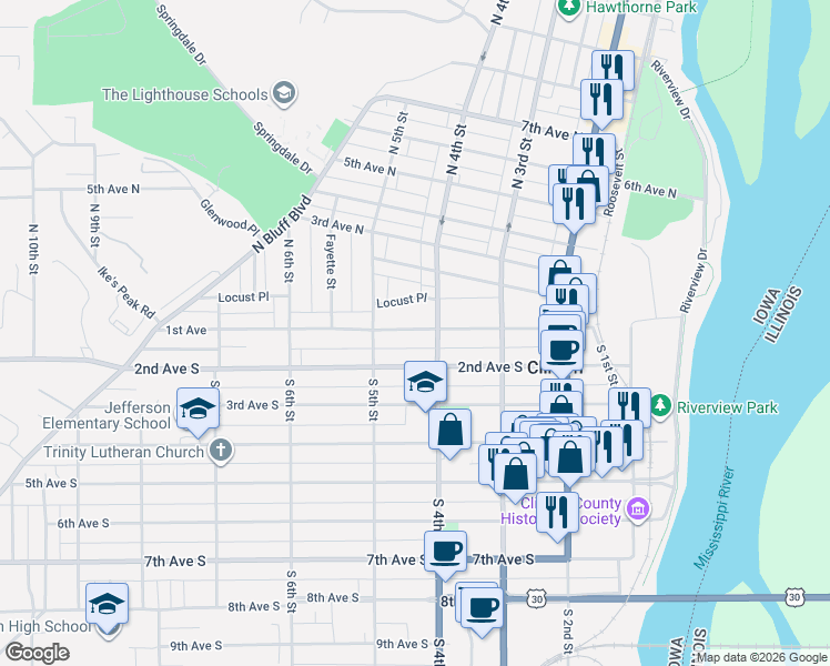 map of restaurants, bars, coffee shops, grocery stores, and more near 435 1st Avenue in Clinton