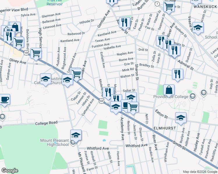 map of restaurants, bars, coffee shops, grocery stores, and more near 80 Meridian Street in Providence