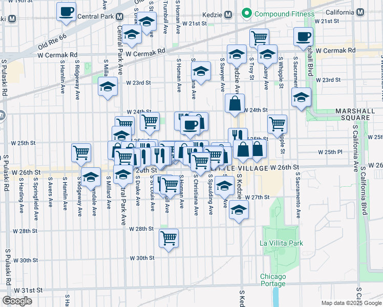 map of restaurants, bars, coffee shops, grocery stores, and more near 2527 South Homan Avenue in Chicago