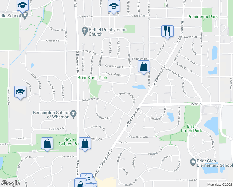 map of restaurants, bars, coffee shops, grocery stores, and more near 15 Venetian Way Circle in Wheaton