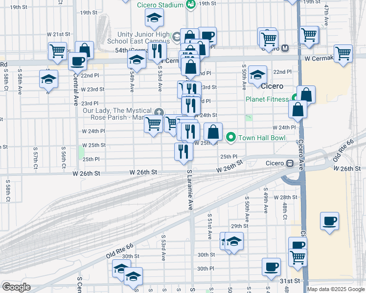 map of restaurants, bars, coffee shops, grocery stores, and more near 5207 West 25th Street in Cicero