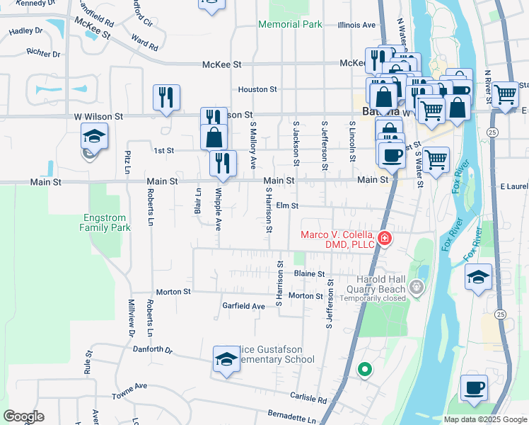 map of restaurants, bars, coffee shops, grocery stores, and more near 309 South Harrison Street in Batavia