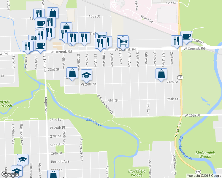 map of restaurants, bars, coffee shops, grocery stores, and more near 2416 South 9th Avenue in North Riverside