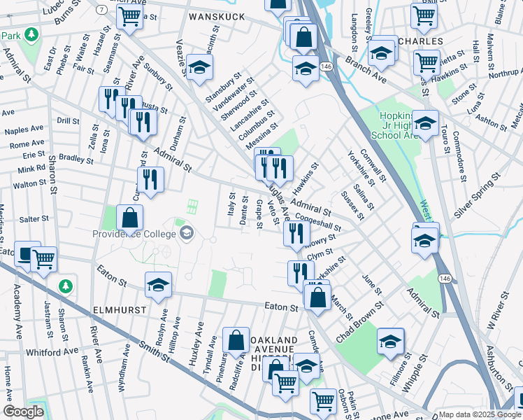 map of restaurants, bars, coffee shops, grocery stores, and more near 31 Grape Street in Providence