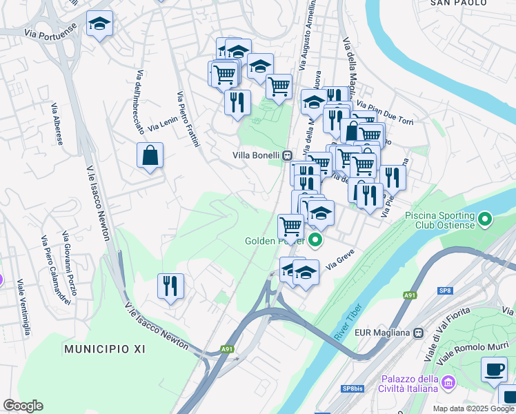 map of restaurants, bars, coffee shops, grocery stores, and more near 289 Via Pietro Frattini in Roma