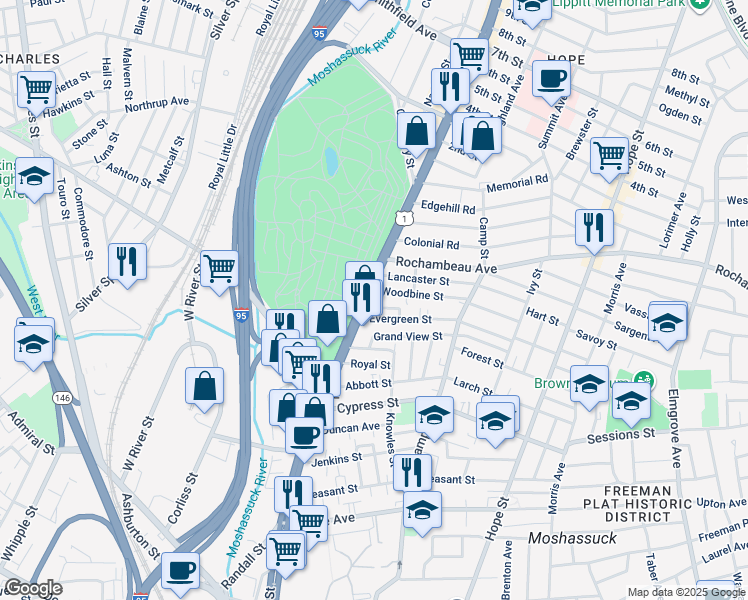 map of restaurants, bars, coffee shops, grocery stores, and more near 715 Broadway in Pawtucket