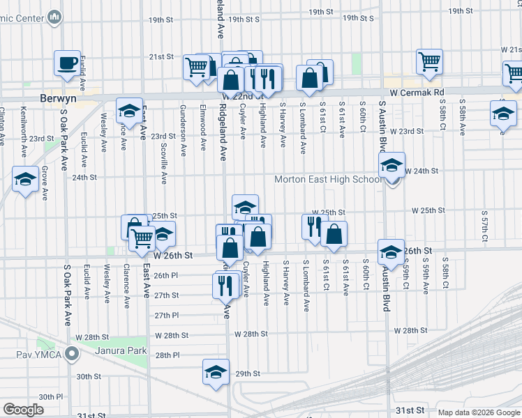 map of restaurants, bars, coffee shops, grocery stores, and more near 2442 Highland Avenue in Berwyn