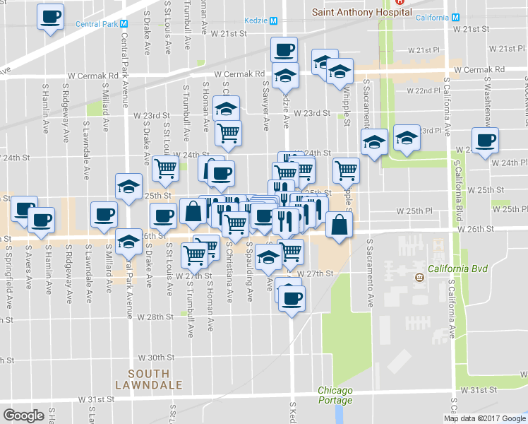 map of restaurants, bars, coffee shops, grocery stores, and more near 2526 South Sawyer Avenue in Chicago