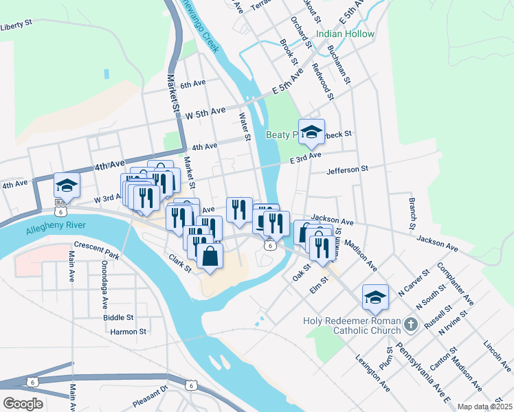 map of restaurants, bars, coffee shops, grocery stores, and more near 119 Water Street in Warren