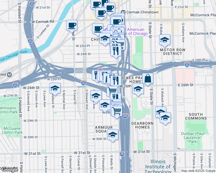 map of restaurants, bars, coffee shops, grocery stores, and more near 230 West 26th Street in Chicago