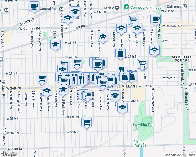 map of restaurants, bars, coffee shops, grocery stores, and more near 2527 South Homan Avenue in Chicago