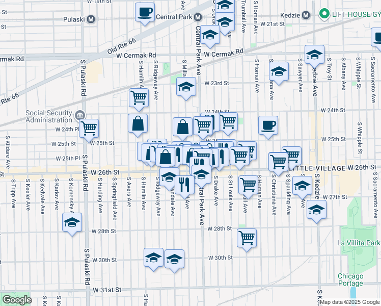 map of restaurants, bars, coffee shops, grocery stores, and more near 2527 South Millard Avenue in Chicago