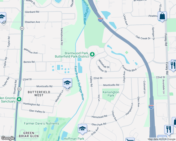 map of restaurants, bars, coffee shops, grocery stores, and more near 2090 Valley Road in Lombard