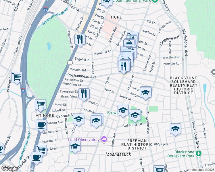 map of restaurants, bars, coffee shops, grocery stores, and more near 201 Ivy Street in Providence