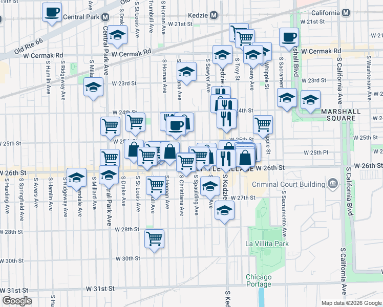 map of restaurants, bars, coffee shops, grocery stores, and more near 2524 South Spaulding Avenue in Chicago