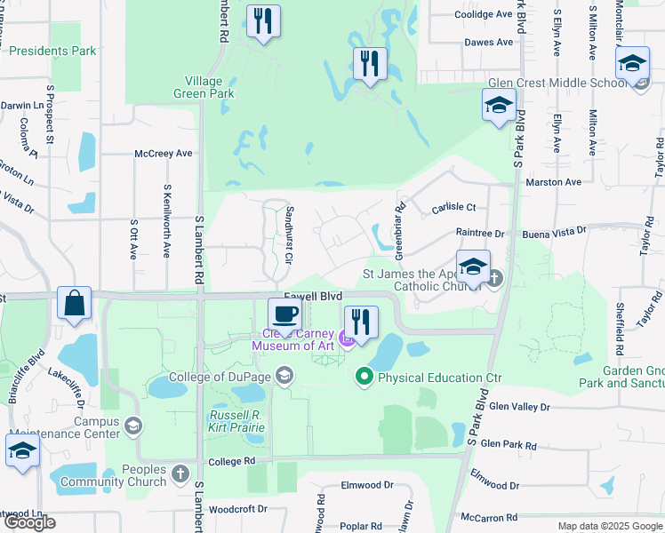 map of restaurants, bars, coffee shops, grocery stores, and more near 448 Raintree Drive in Glen Ellyn