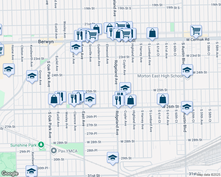 map of restaurants, bars, coffee shops, grocery stores, and more near 2443 Elmwood Avenue in Berwyn