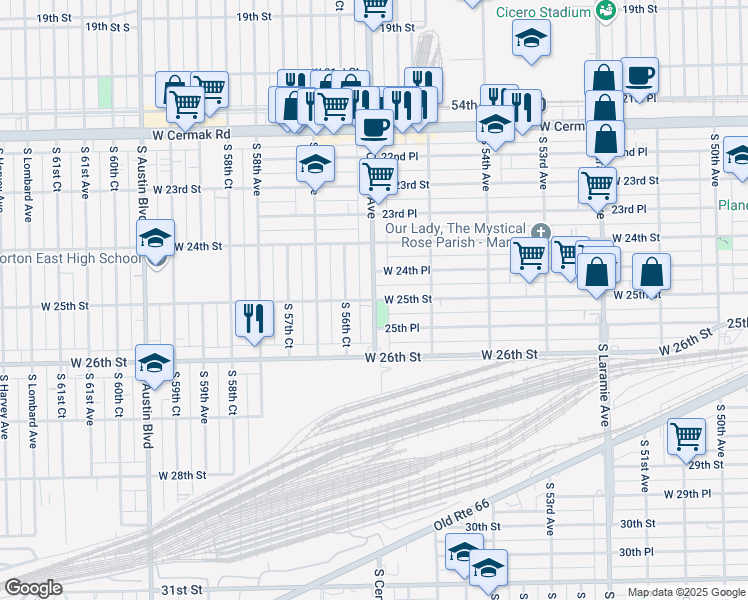 map of restaurants, bars, coffee shops, grocery stores, and more near S Central Ave & 25th St in Cicero