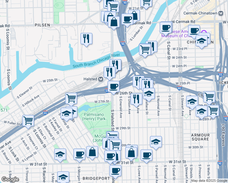 map of restaurants, bars, coffee shops, grocery stores, and more near 2569 South Halsted Street in Chicago