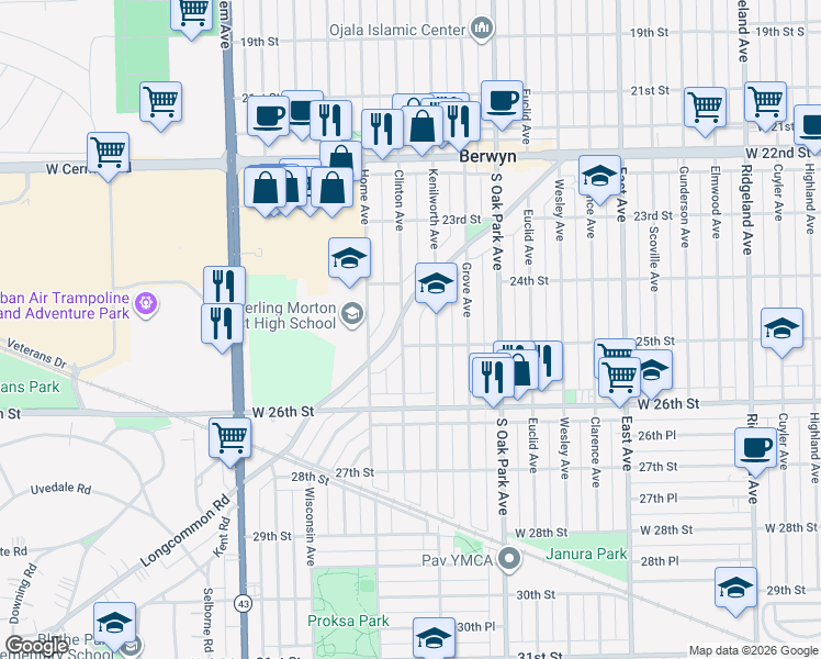 map of restaurants, bars, coffee shops, grocery stores, and more near 2439 Clinton Avenue in Berwyn