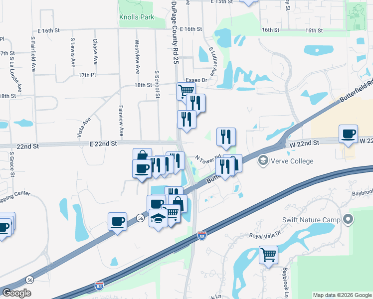 map of restaurants, bars, coffee shops, grocery stores, and more near 4 North Tower Road in Oak Brook