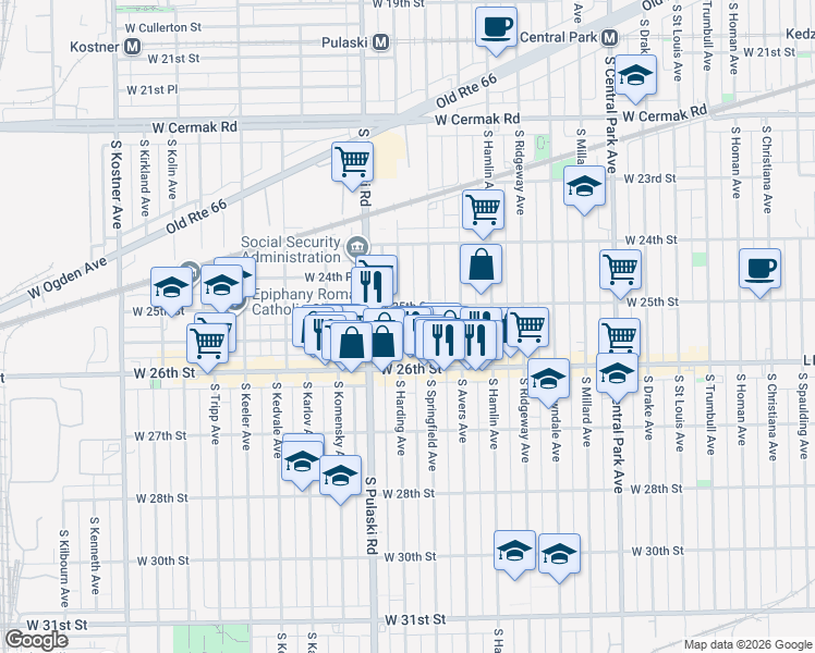 map of restaurants, bars, coffee shops, grocery stores, and more near 2517 South Harding Avenue in Chicago