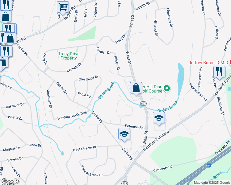 map of restaurants, bars, coffee shops, grocery stores, and more near 65 Valley View Lane in Vernon