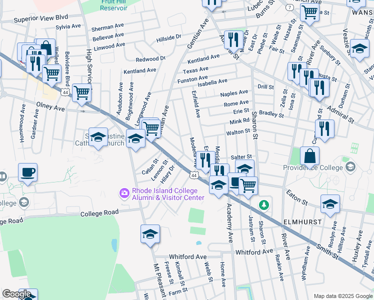 map of restaurants, bars, coffee shops, grocery stores, and more near 42 Ravenswood Avenue in Providence