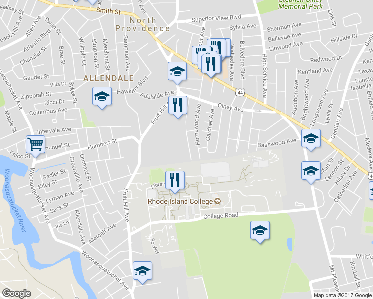 map of restaurants, bars, coffee shops, grocery stores, and more near 47 Belcourt Avenue in North Providence