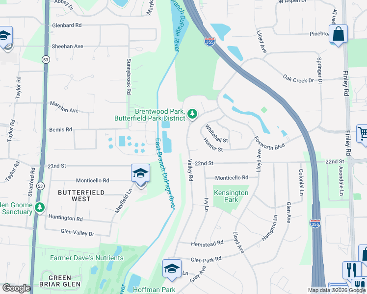 map of restaurants, bars, coffee shops, grocery stores, and more near 2090 Valley Road in Lombard