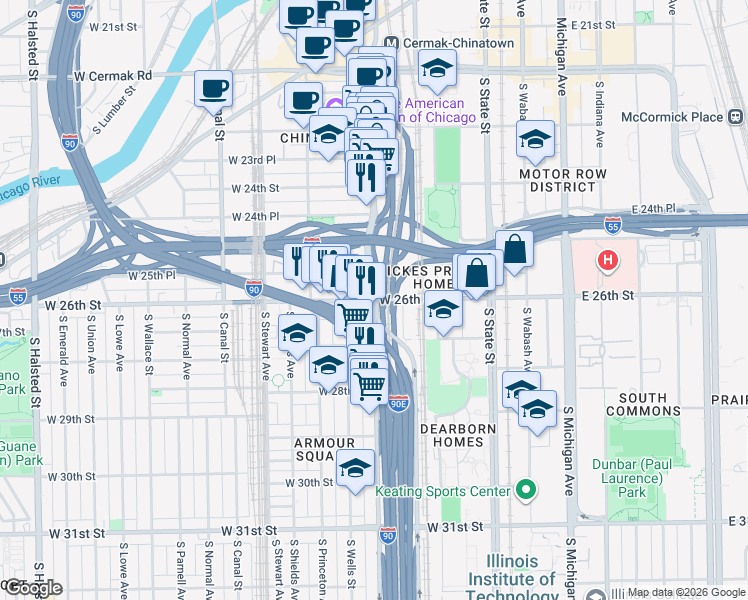 map of restaurants, bars, coffee shops, grocery stores, and more near S Wentworth Ave & W 26th St in Chicago
