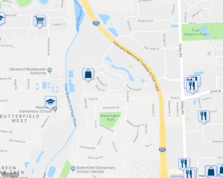 map of restaurants, bars, coffee shops, grocery stores, and more near 1090 Hunter Street in Lombard