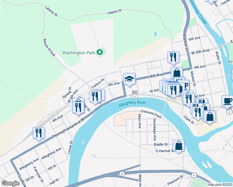 map of restaurants, bars, coffee shops, grocery stores, and more near 710 Pennsylvania Avenue West in Warren