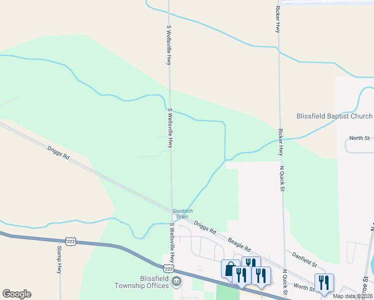 map of restaurants, bars, coffee shops, grocery stores, and more near 4961 South Wellsville Highway in Blissfield