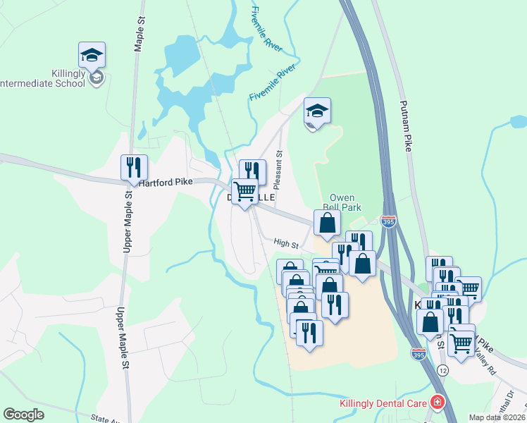map of restaurants, bars, coffee shops, grocery stores, and more near 471 Hartford Pike in Killingly
