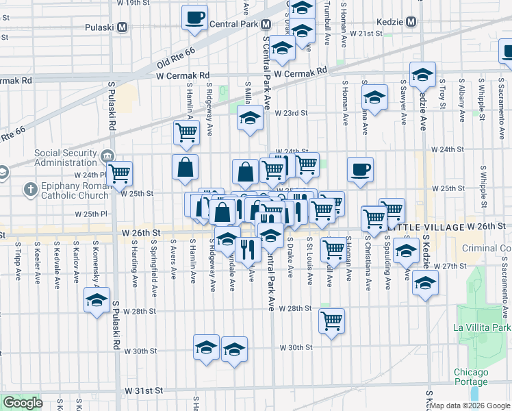 map of restaurants, bars, coffee shops, grocery stores, and more near 2519 South Millard Avenue in Chicago