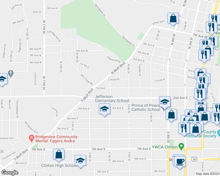 map of restaurants, bars, coffee shops, grocery stores, and more near 701 1st Avenue in Clinton