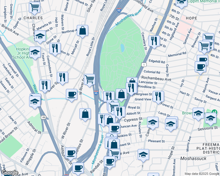 map of restaurants, bars, coffee shops, grocery stores, and more near in Providence