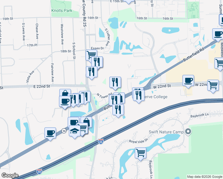map of restaurants, bars, coffee shops, grocery stores, and more near 12 Sheffield Lane in Villa Park
