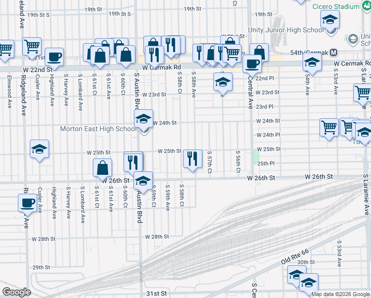 map of restaurants, bars, coffee shops, grocery stores, and more near 2445 South 58th Court in Cicero