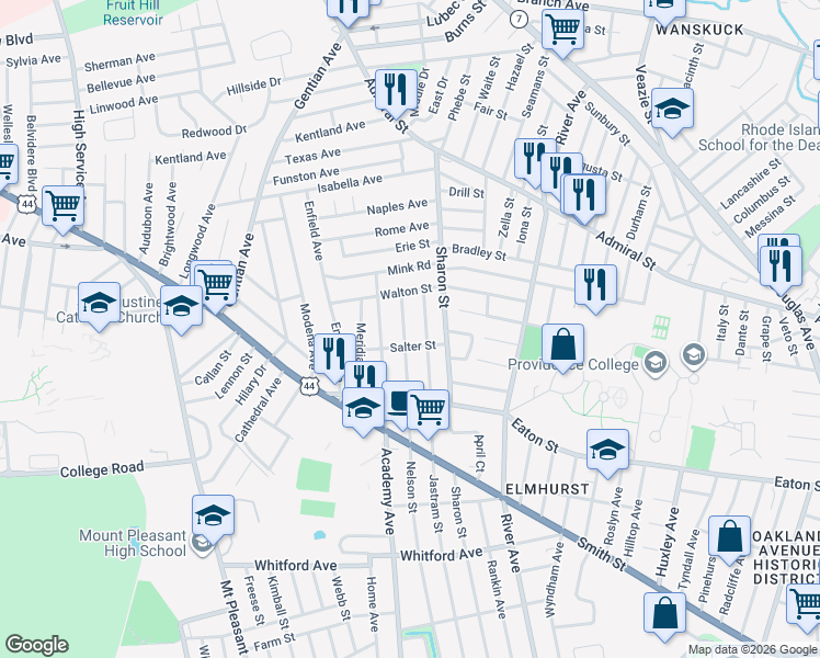 map of restaurants, bars, coffee shops, grocery stores, and more near 359 Jastram Street in Providence
