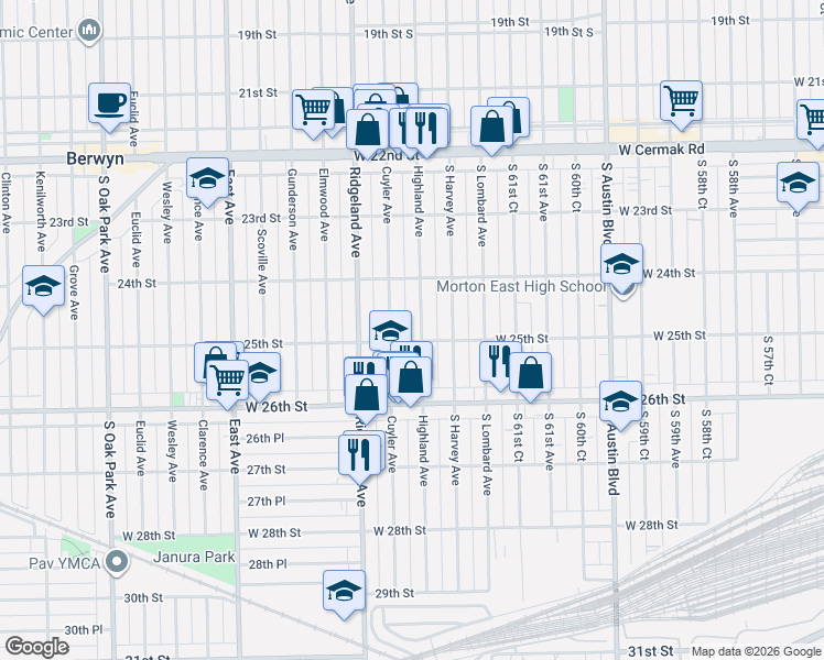 map of restaurants, bars, coffee shops, grocery stores, and more near 2442 Highland Avenue in Berwyn