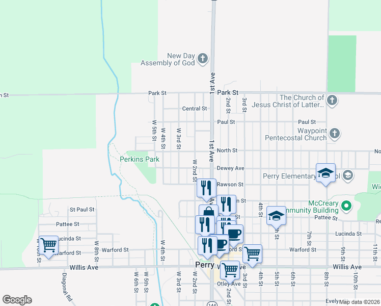 map of restaurants, bars, coffee shops, grocery stores, and more near 1723 West 2nd Street in Perry