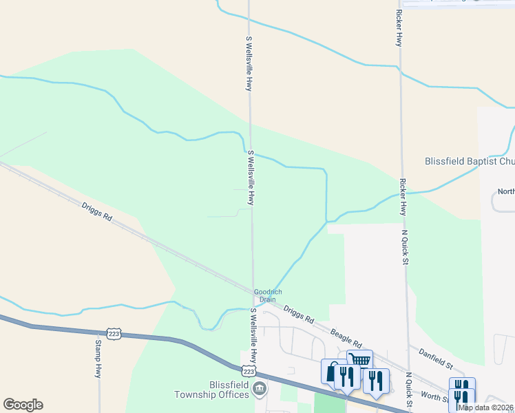 map of restaurants, bars, coffee shops, grocery stores, and more near 4961 South Wellsville Highway in Blissfield
