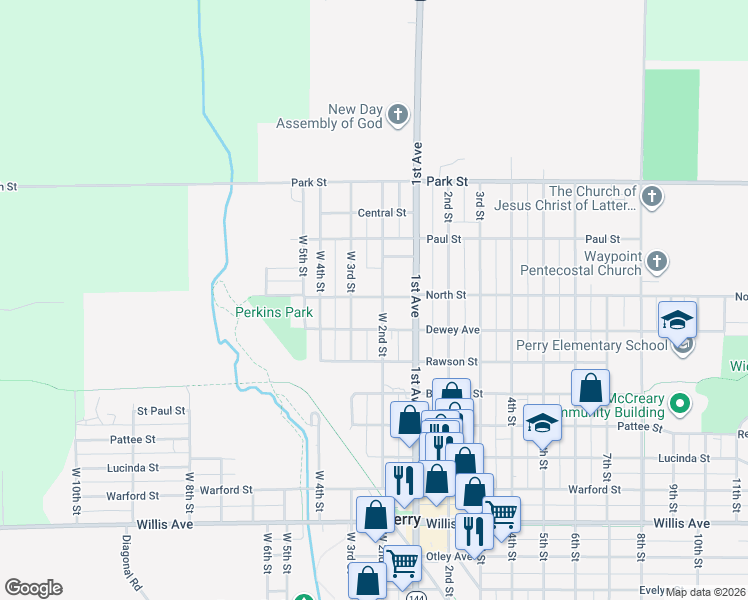 map of restaurants, bars, coffee shops, grocery stores, and more near 1723 West 2nd Street in Perry