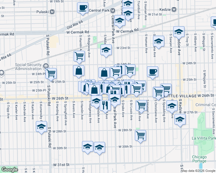 map of restaurants, bars, coffee shops, grocery stores, and more near 2527 South Millard Avenue in Chicago