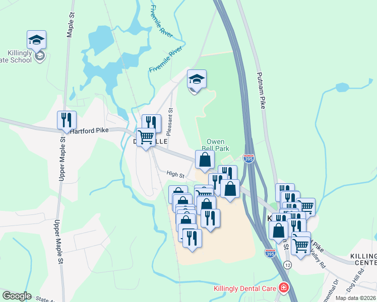 map of restaurants, bars, coffee shops, grocery stores, and more near 526 Hartford Pike in Killingly
