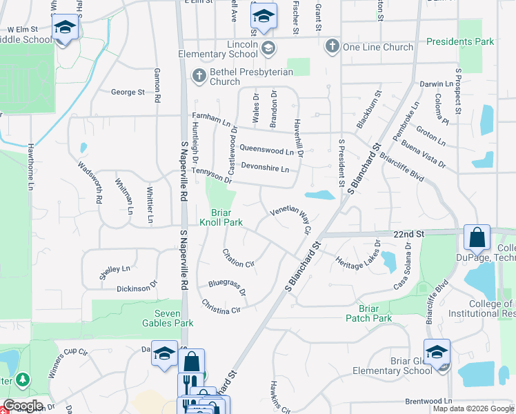 map of restaurants, bars, coffee shops, grocery stores, and more near 15 Venetian Way Circle in Wheaton