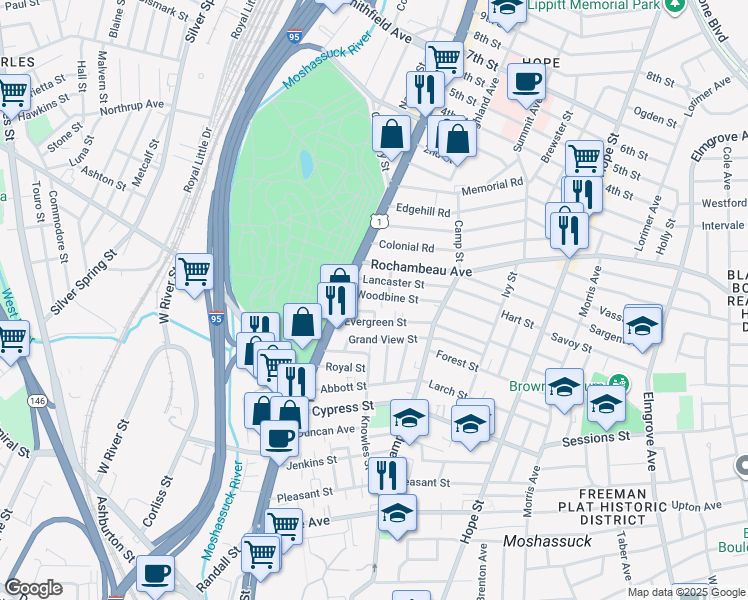 map of restaurants, bars, coffee shops, grocery stores, and more near 23 Woodbine Street in Providence