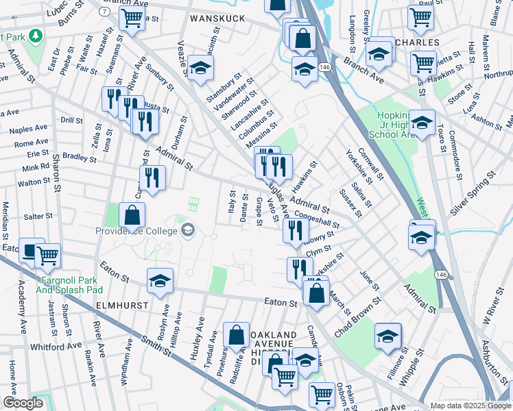 map of restaurants, bars, coffee shops, grocery stores, and more near 36 Grape Street in Providence